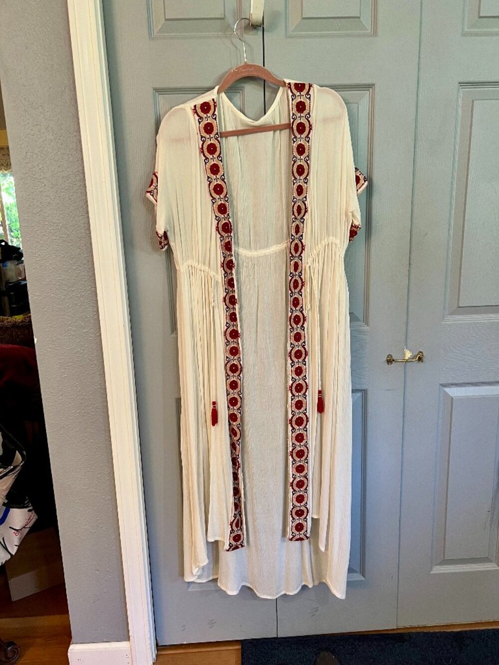 White Embroidered Duster Maxi Beach Cover Up Boho Kimono